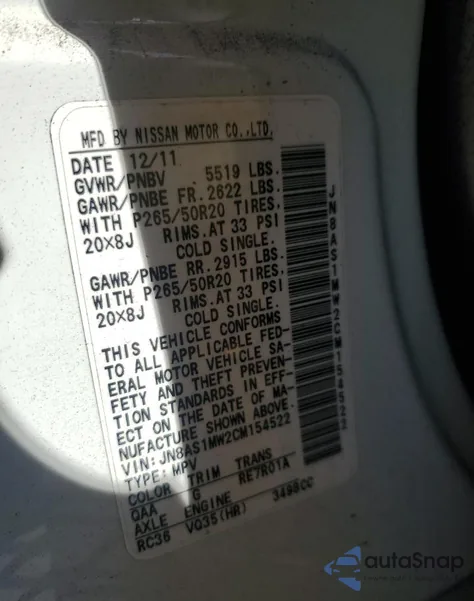 2012 Infiniti Fx35 from USA, damaged, VIN JN8AS1MW2CM154522
